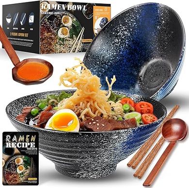 YTLEMON Japanese Ramen Bowl Set: 6 (34oz) Ceramic Bowls, Chopsticks, Spoons, Forks.  Perfect housewarming gift. (Blue)
