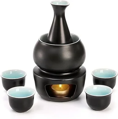 Japanese Porcelain Sake Set with Warmer: 7-Piece Set (Stove, Bowl, Bottle, 4 Cups)