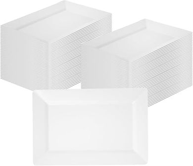 Moderna Premium Disposable Rectangular Plates: 10 Heavy-Duty White Plastic Plates (9.5" x 6.3") for Parties & Dining.
