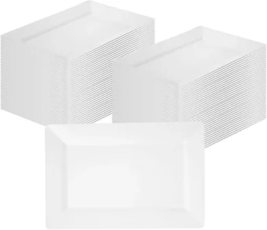 Moderna Premium Disposable Rectangular Plates: 10 Heavy-Duty White Plastic Plates (9.5" x 6.3") for Parties & Dining.
