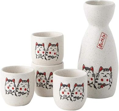 Japanese Ceramic Sake Set: Lucky Cat Tokkuri & Ochoko Cups
