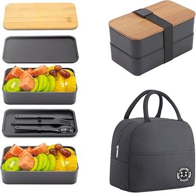 Stackable Bento Box with Lunch Bag & Dividers (Black)
