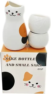 Japanese Ceramic Sake Set: Calico Cat Carafe & 2 Cups