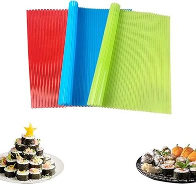 3-Piece Non-Stick Sushi Rolling Mats (8.27" x 9.06") – Red, Green, & Blue
