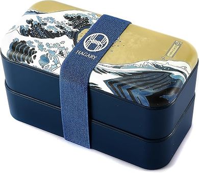 Hagary Wave Bento Box: Stackable, leakproof, 2-tier Japanese lunch box (800ml) with utensils.
