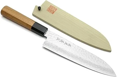 Yoshihiro VG10 Damascus Santoku: A 46-layer hammered, multipurpose chef