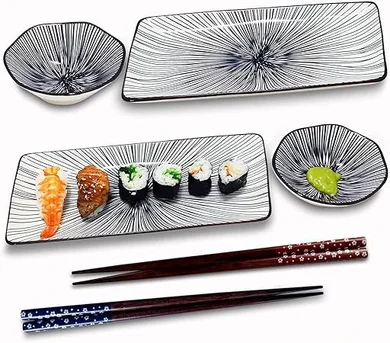 Japanese Ceramic Sushi Set: 2 Rectangle Plates, 2 Sauce Bowls, 2 Chopstick Pairs