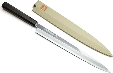Yoshihiro Ginsan Yanagi Sushi Knife: Mirror-polished, stain-resistant steel, ebony handle (10.5").