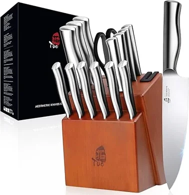 TUO 16-Piece High-Carbon Steel Knife Block Set with Sharpener