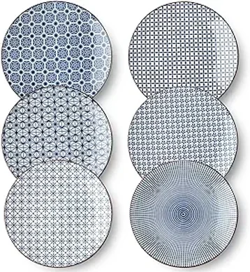 Elegant 8.6" Japanese Blue & White Ceramic Dinner Plates (Set of 6)