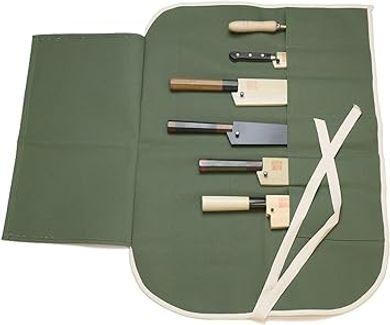 Yoshihiro 6-Slot Olive-Green Cotton Knife Bag for Sushi Chefs
