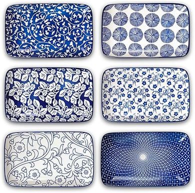 Selamica Vintage Blue Ceramic Dinnerware Set: 6 Rectangular Plates (8")
