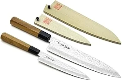 Yoshihiro Damascus Chef Knife Set: 8.25" Gyuto & 6" Petty, Ambrosia Handle