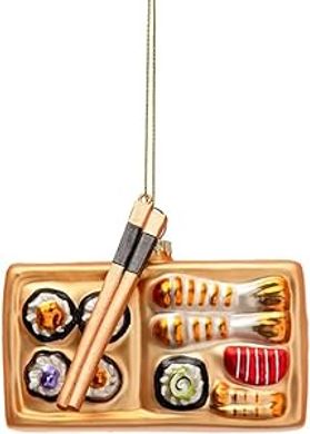 Bridge Collection Glass Sushi Ornament:  A festive Japanese-style seafood sushi plate and chopsticks ornament for holiday décor.
