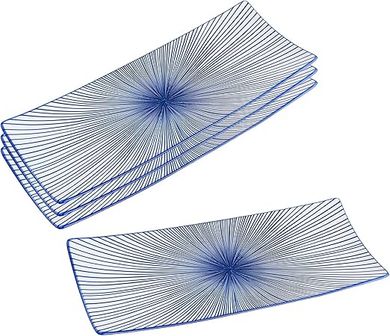 Blue Radial Ceramic Sushi Plates (4-pack) – 12" rectangle, ideal for sushi, pasta, appetizers.
