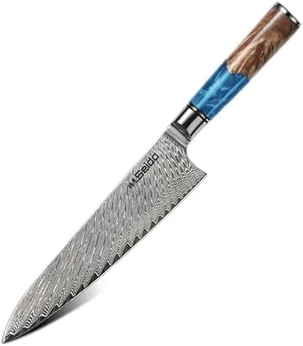 Seido Blue 8" Gyuto Chef Knife: Razor-sharp VG10 steel blade, stainless bolster, resin handle. Premium precision cutting.