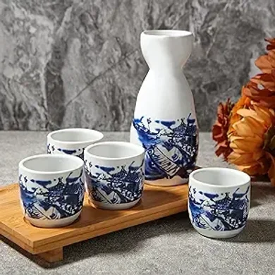 Japanese Ceramic Sake Set: Tokkuri, 4 Ochoko Cups & Wooden Tray