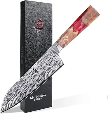 TUO 7" AUS-10 Damascus Santoku Chef Knife: Hand-forged, 45-layer steel, resin handle.