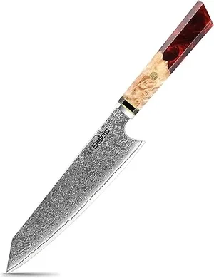 Seido Kiritsuke Damascus Chef Knife: VG10 Steel, Ruby Red Resin Wood Handle