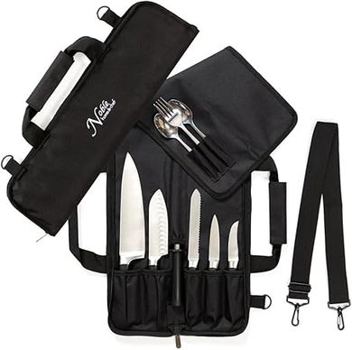 Padded Chef Knife Roll Bag: 6 slots, steel pouch, shoulder strap & handle.
