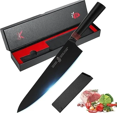 TUO Dark Knight 9.5" AUS-8 Chef Knife with Pakkawood Handle and Sheath