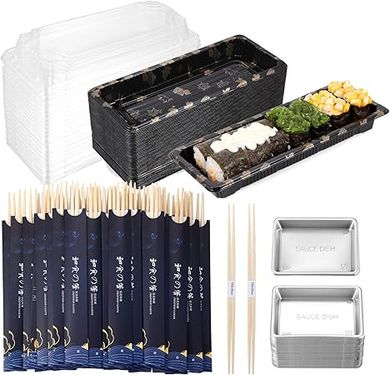 Disposable Sushi Party Pack: 50 Trays, 50 Chopstick Pairs, 100 Soy Sauce Dishes
