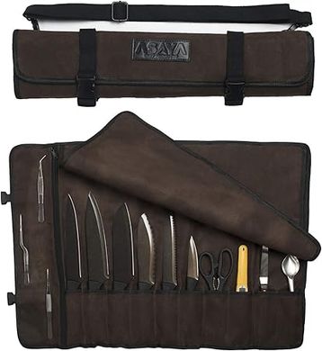 Asaya Canvas Chef Knife Roll Bag: 10 slots, large zipper pocket, adjustable strap.
