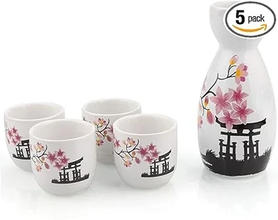 Spring Blossom Sake Set: Tokkuri & 4 Ochoko Cups (Microwave & Dishwasher Safe)