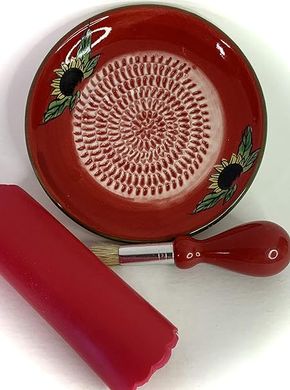 Premium Ceramic Garlic Grater Set:  Handcrafted Red Sunflower Design, includes peeler, brush, & stand.  Grates garlic, ginger, turmeric & more.
