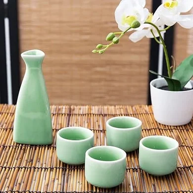 MyGift Turquoise Ceramic Sake Set: Tokkuri Carafe & 4 Ochoko Cups