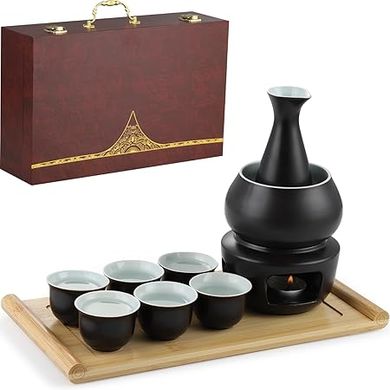 Japanese Ceramic Sake Set with Warming Bowl, Stove, Cups & Box
