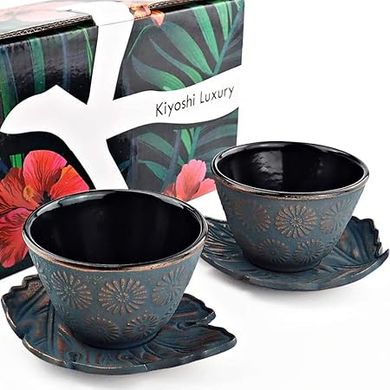 Japanese Cast Iron Tea Cup Set (4pc, Blue/Red Gold)
