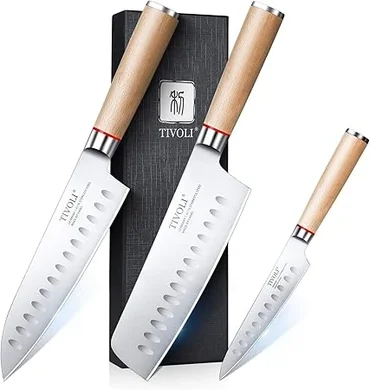 Tivoli 3-Piece Japanese Chef Knife Set: Nakiri, Chef, & Paring Knives with Wooden Handles