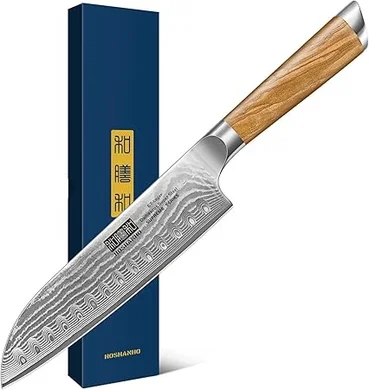 7-Inch Damascus Santoku: Professional Japanese Kitchen Knife with Olive Wood Handle