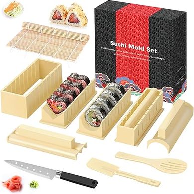 HI NINGER 10-Piece Sushi Making Kit: Create 8 unique sushi rolls at home with this complete plastic set.
