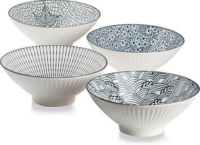 QINLANG Blue & White Ceramic Ramen Bowls (Set of 4)
