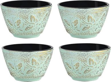 Elegant Cast Iron Teacups: 4 & 5 oz Japanese Style, Enameled Interior, Green Butterfly Design
