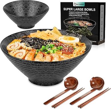 NJCHARMS 60oz Ceramic Ramen Bowl Set: Two large bowls, spoons & chopsticks for ramen, pho, udon.
