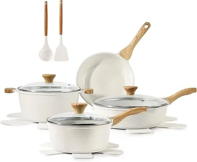 Sensarte 13-Piece Ceramic Cookware Set: Healthy, Non-Toxic, with Silicone Tools & Protectors.