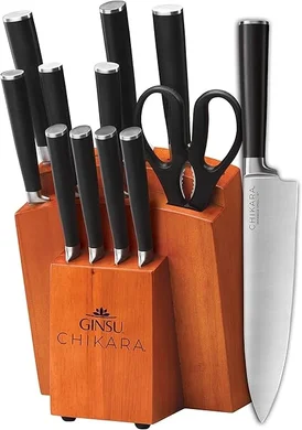 Ginsu Chikara 12-Piece Forged Japanese Knife Set: Premium 420J Stainless Steel blades in a Toffee Bamboo Block.
