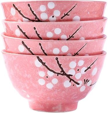 Hand-painted Pink Plum Japanese Rice Bowls (Set of 4)
