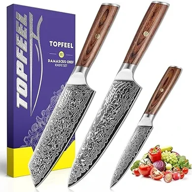 Damascus Chef Knife Set: 3 VG-10 Steel Knives with Wooden Handles, Gift Boxed