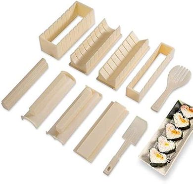 Deluxe Sushi Making Kit: 10-Piece Plastic Tool Set with 8 Rice Roll Molds
