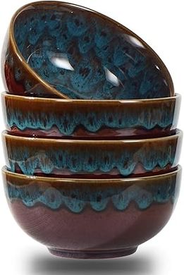 Peacock Green Japanese-Style Ceramic Bowl Set (4 x 6-inch) for Cereal, Soup, & More
