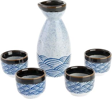 Japanese Ceramic Sake Set: Blue Ocean Wave Design
