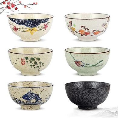 Japanese Retro Rice Bowls: 6 Hand-Painted Floral Plum Ceramic Bowls
