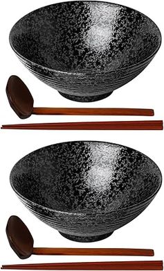 Kanwone Black Ramen Bowl Set: 60oz, 2 Bowls, Spoons & Chopsticks
