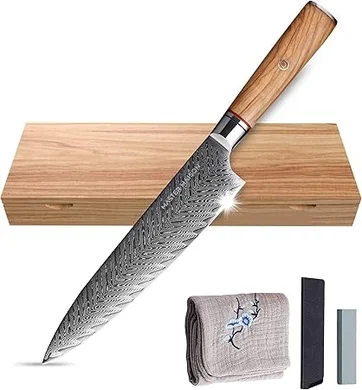 Master Maison 8" Damascus Steel Chef Knife Set: Authentic Japanese AUS-10, full tang, wood handle, with sheath, sharpener, box & cloth.