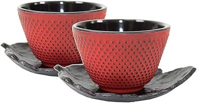 Japanese Cast Iron Teacups & Saucers: 2 Black Leaf, 2 Red Polka Dot
