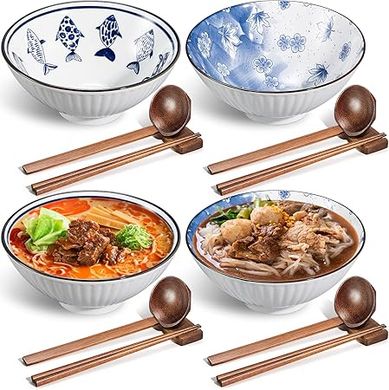 Patelai Japanese Ramen Bowls: 4 large (40oz) ceramic bowls with spoons, chopsticks & stands.  Flower & fish design.
